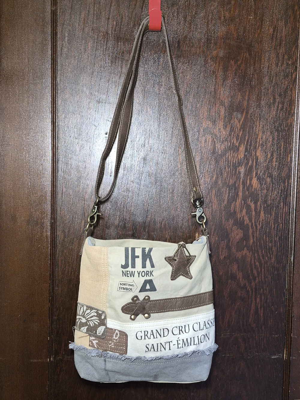 Myra Bag Patchwork Canvas Messenger in Brown, Cream, Gray